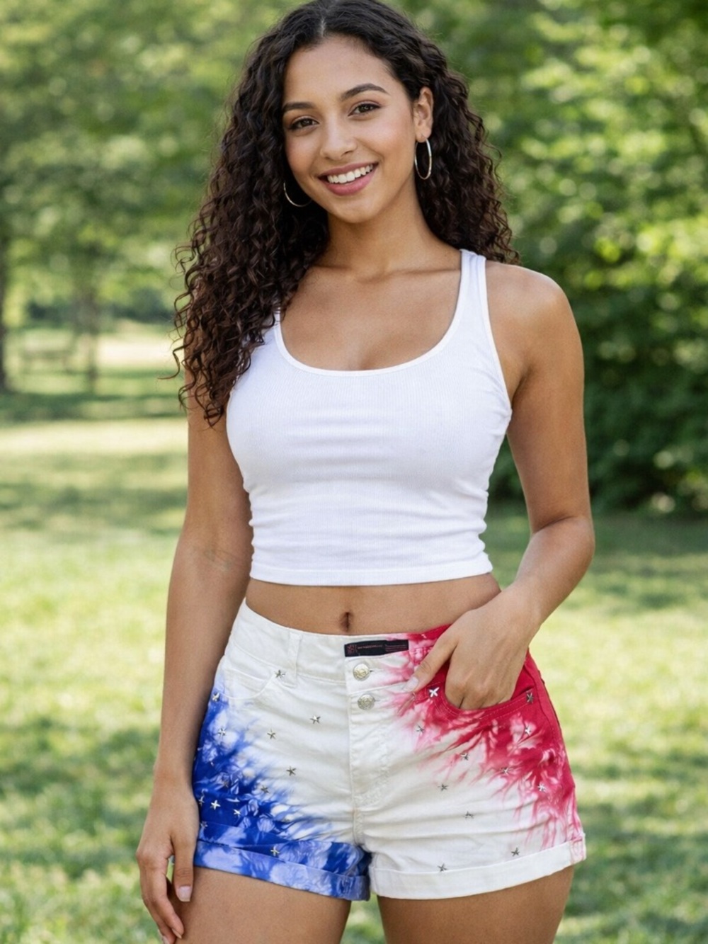 No Boundaries 4th of July Tie-Dye Jean Shorts Red White Blue Star Studded Size 1